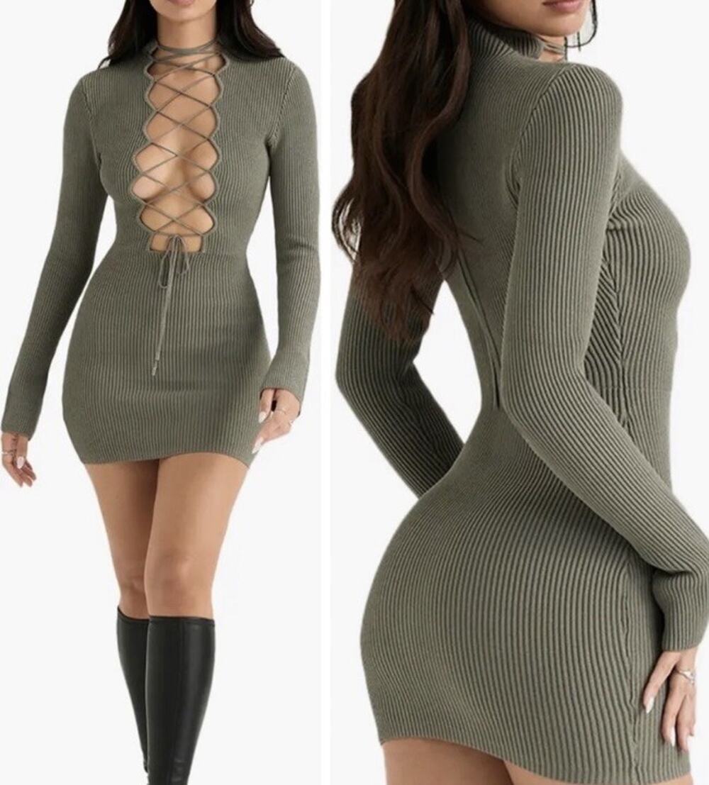 New House of CB Jada Artichoke Cable Knit Lace Up Plunge Neck Dress Size Small